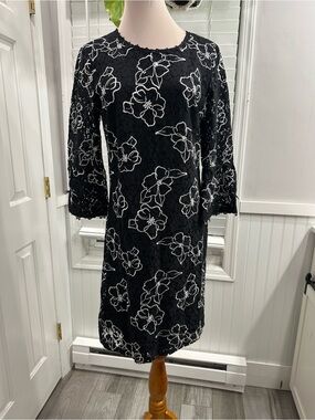 Karl Lagerfeld Black Lace Shift Dress with White Floral Outline